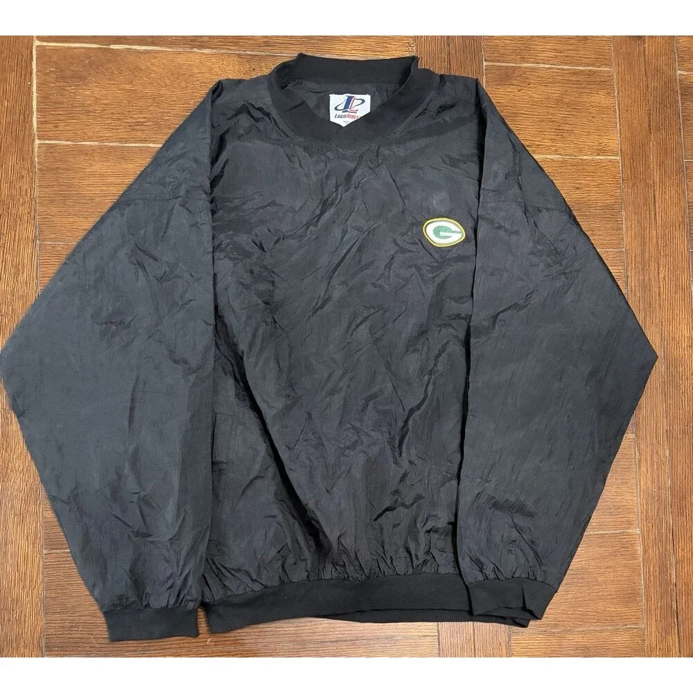 Vintage Green Bay Packers Mens Size 2XL Logo Athletic Black Windbreaker Pullover
